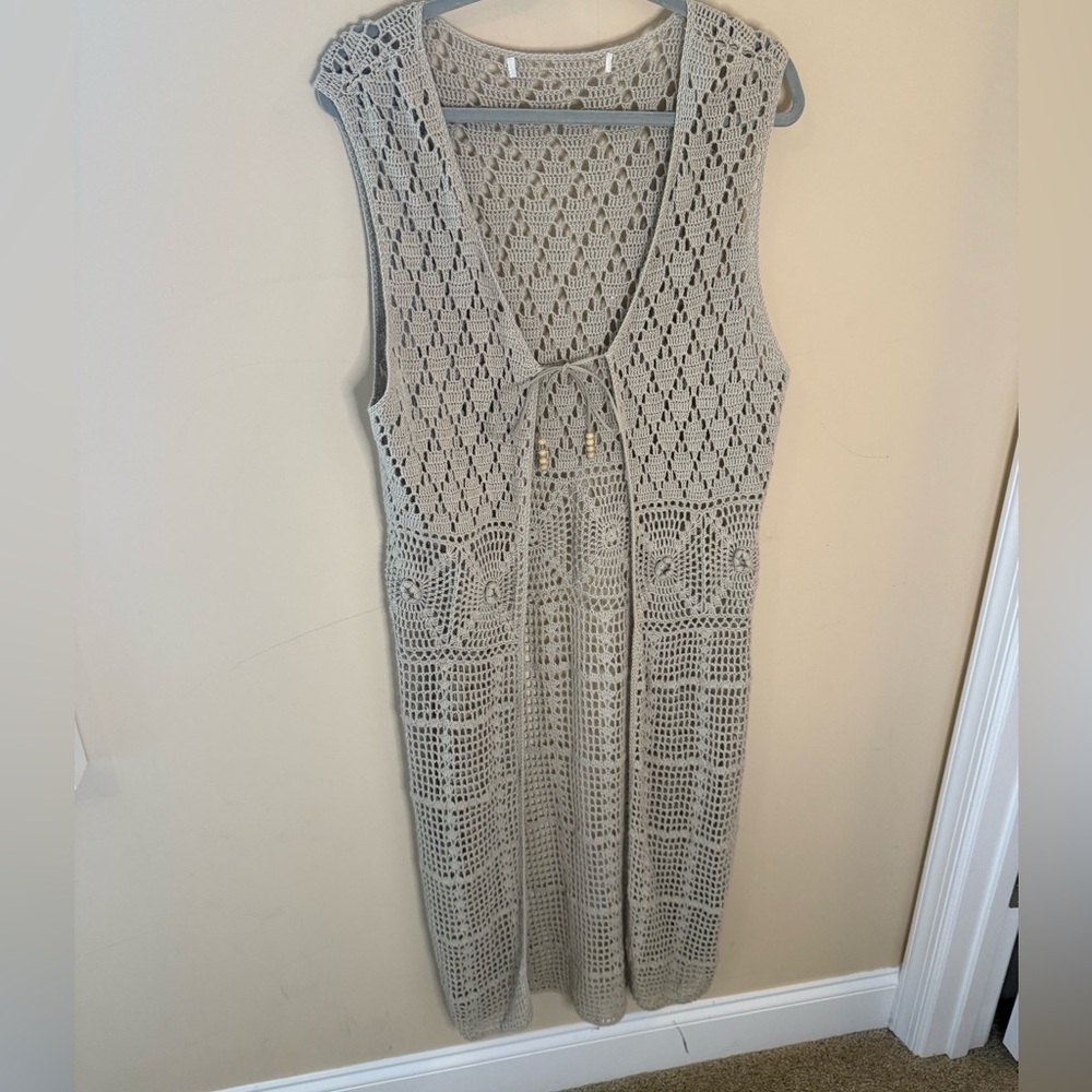 Vintage long crochet vintage open front duster length cover up coastal cowgirl